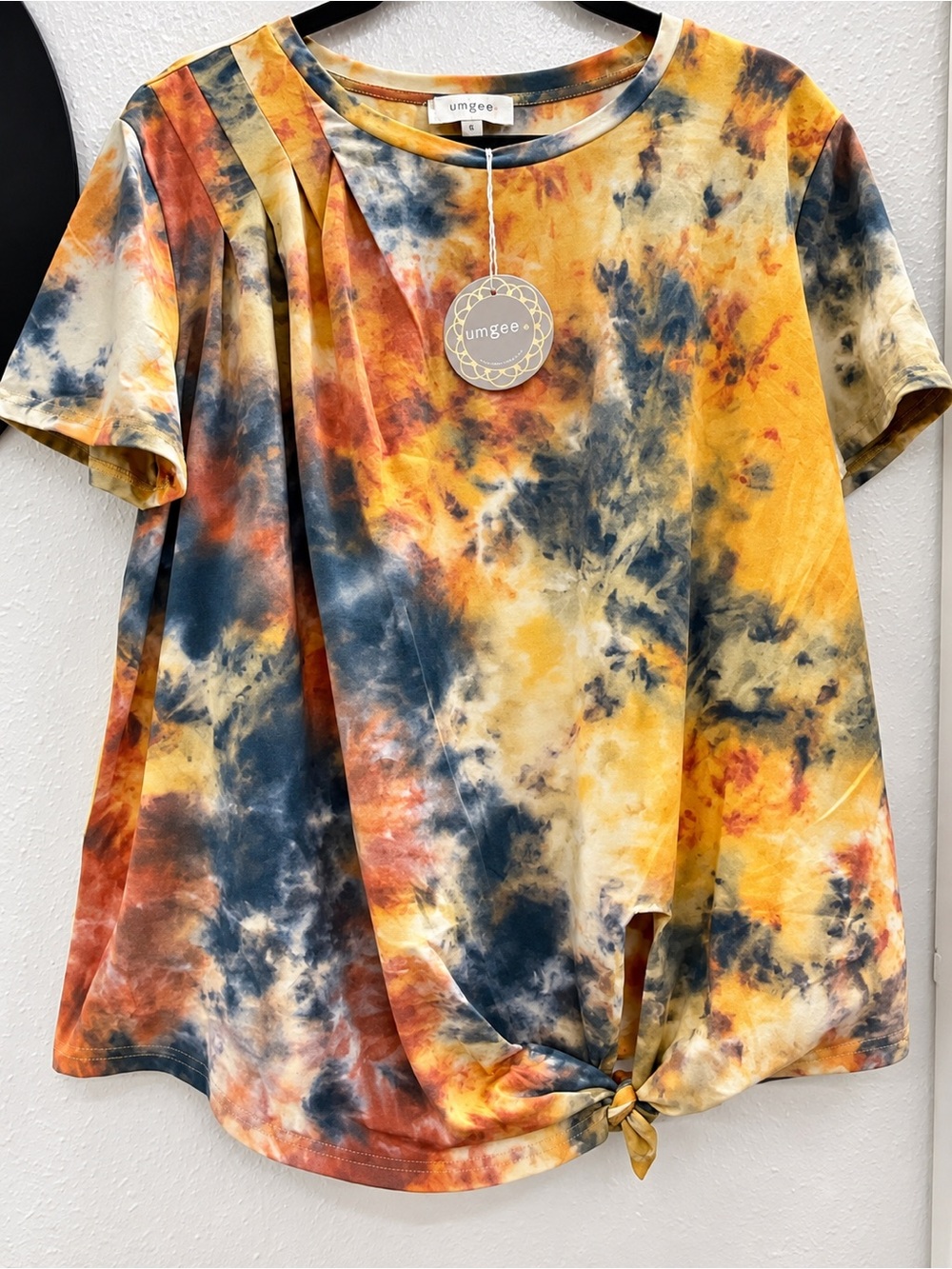 Umgee Yellow Navy Rust Tie-Dye Short Sleeve Top with Front Knot